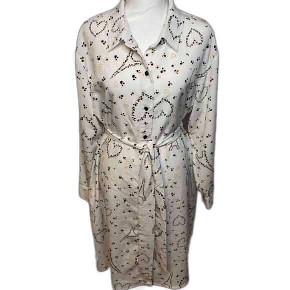 Karl Lagerfield Paris Logo Print Belted Shirtdress Button Up Collared White Gold - Picture 2 of 7